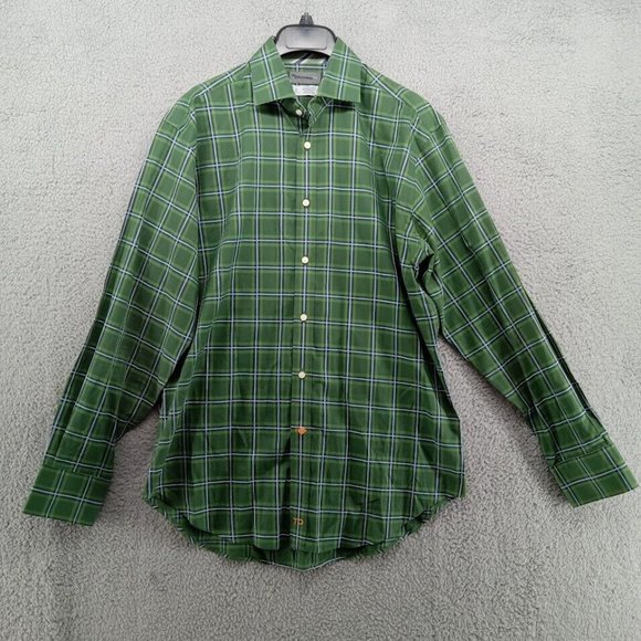 Thomas Dean Shirt Mens Medium Green Plaid Long‎ Sleeve Button Up Lightweight - Picture 1 of 9